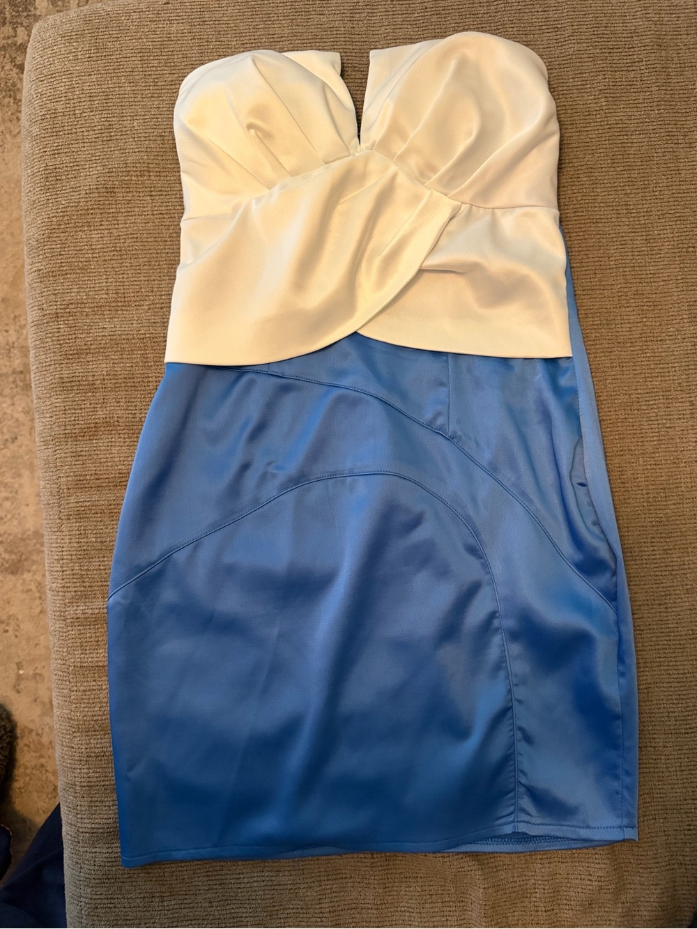Strapless Two-Tone Satin Sheath Dress in White and Blue